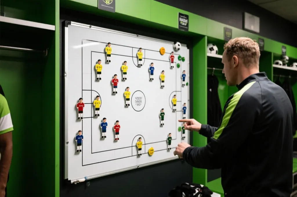 An intense tactical board in a football dressing room with magnets representing players, highly detailed, professional sports coaching atmosphere