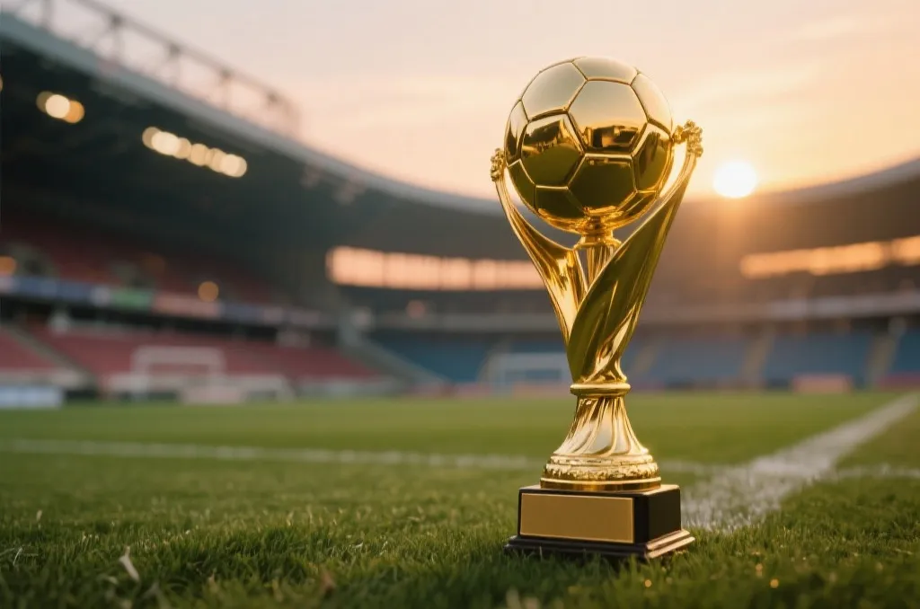 A shiny gold football trophy standing on the grass of a modern stadium pitch, blurred background, sunset lighting