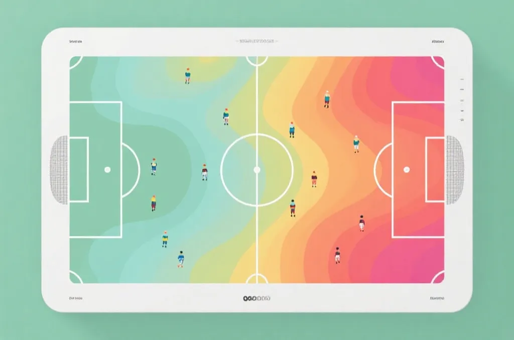 An abstract tactical diagram of a football field with heat map overlays representing player energy levels, minimalist sports science graphic, no logos