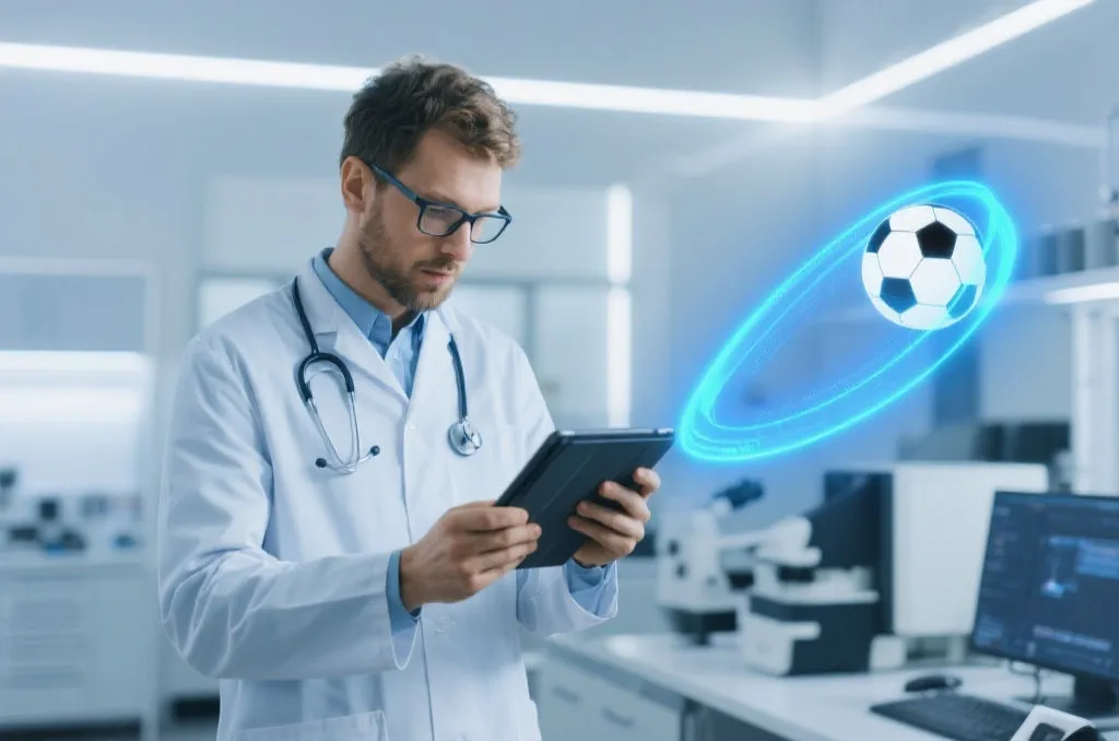 A professional sports scientist analyzing soccer ball flight path on a digital tablet computer in a modern laboratory, glowing blue trajectory graphics, clean tech environment